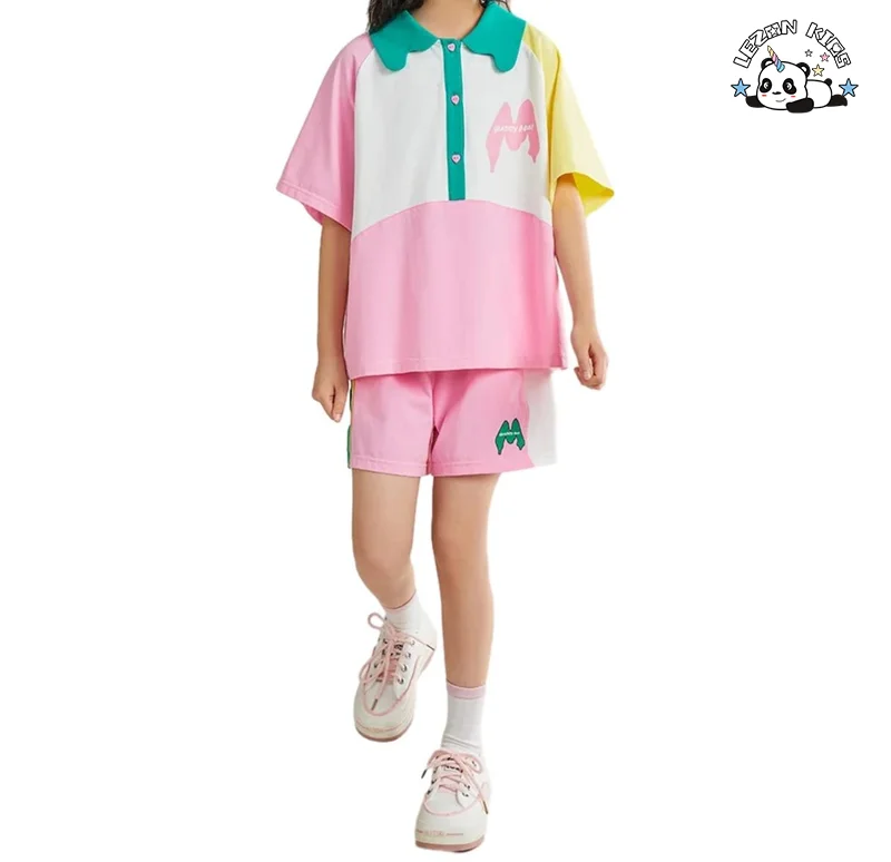 LEZONKIDS - Customizable Summer Fashionable Girls' Short Sleeve T-shirt Set Casual Shorts Children's Sports Two Piece Set